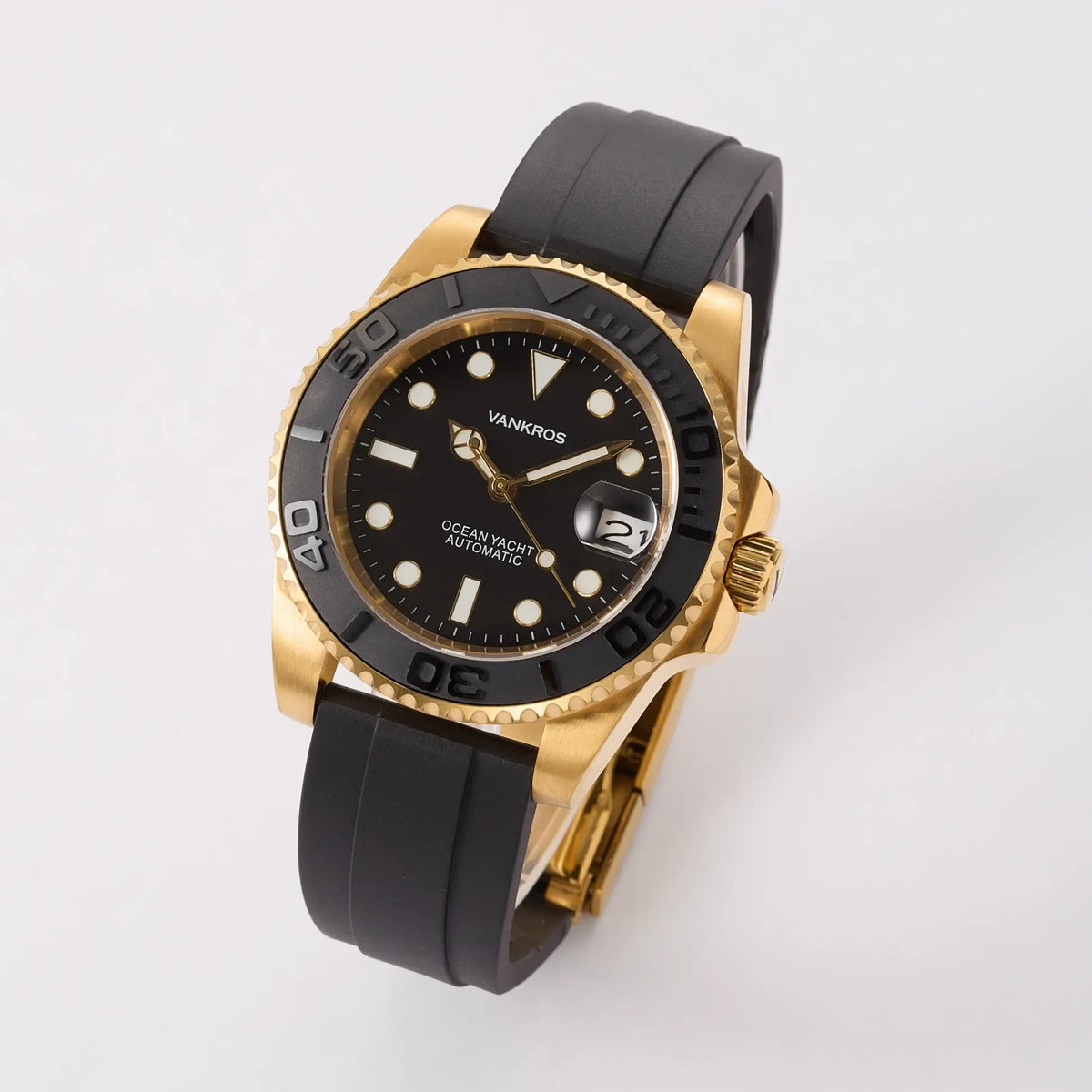 VANKROS Ocean Yacht V382 | 40mm Yellow Gold Black Dial, Rubber Strap | NH35 Movement