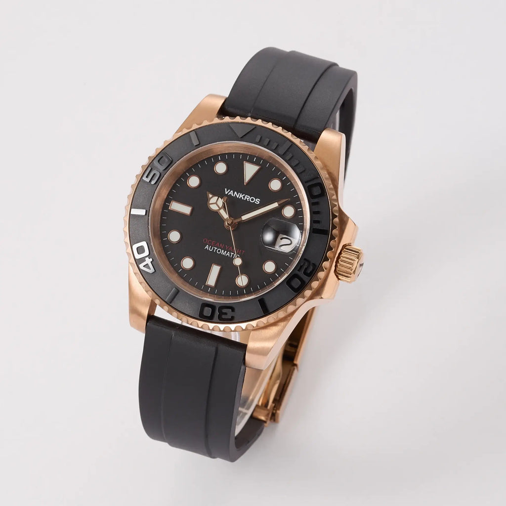 VANKROS Ocean Yacht V382 | 40mm Rose Gold Black Dial, Rubber Strap | NH35 Movement