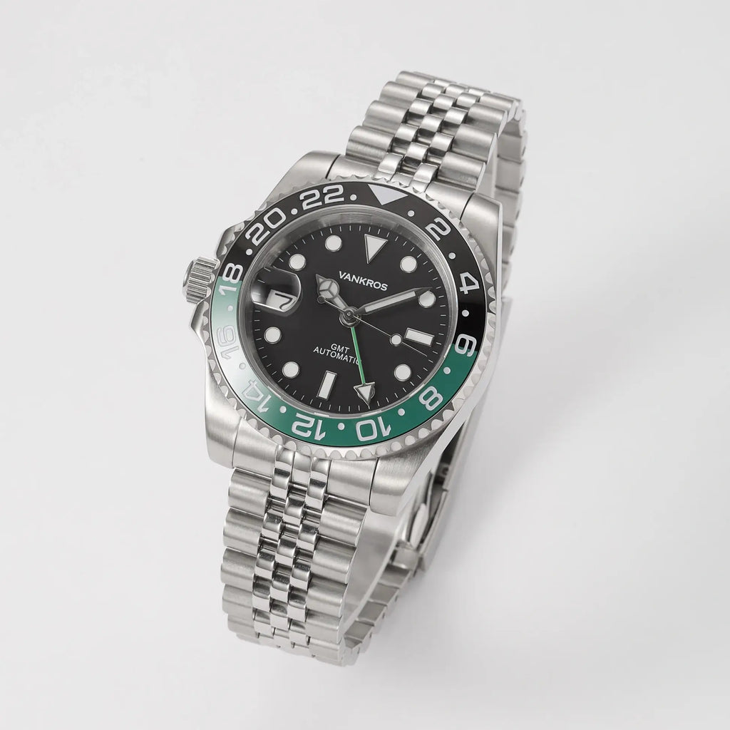VANKROS GMT V336 | 40mm Black Dial, Green/Black Bezel | NH34 Movement