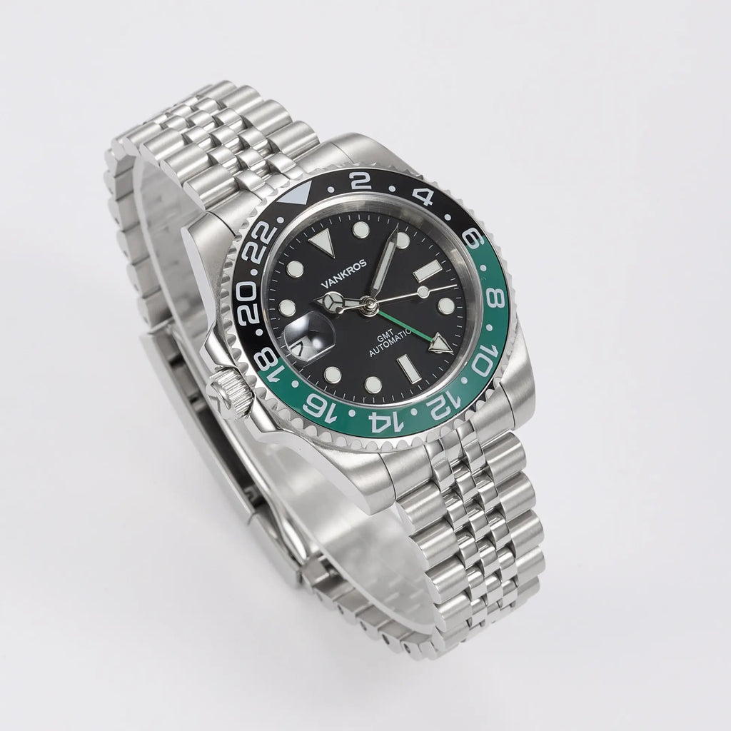 VANKROS GMT V336 | 40mm Black Dial, Green/Black Bezel | NH34 Movement