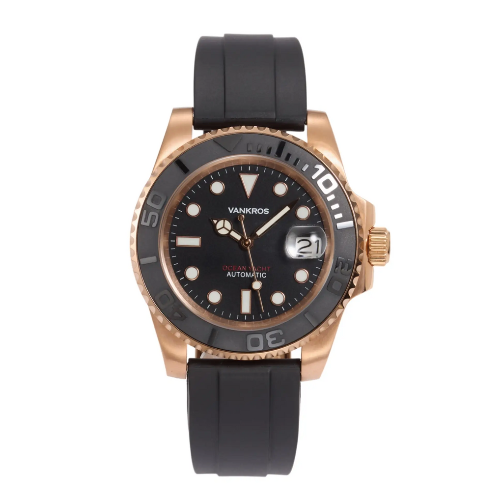 VANKROS Ocean Yacht V382 | 40mm Rose Gold Black Dial, Rubber Strap | NH35 Movement