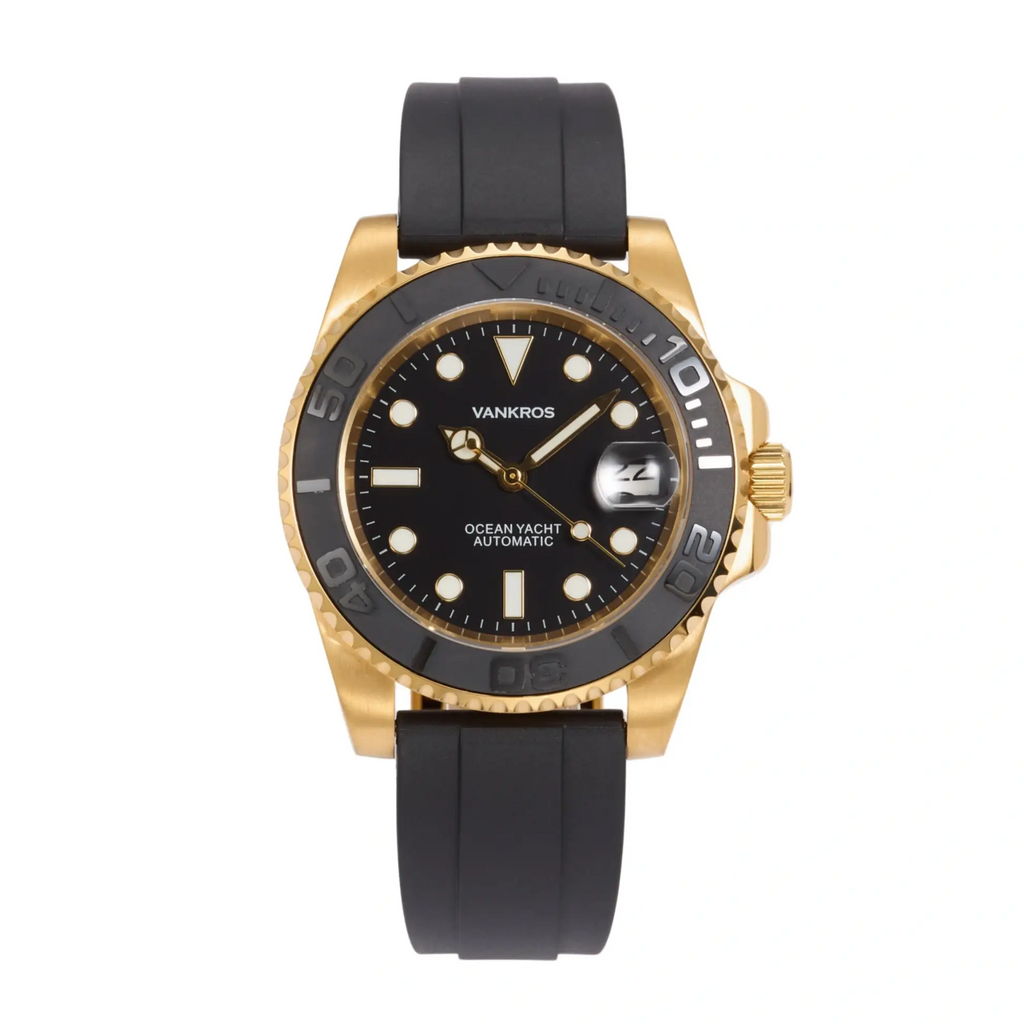 VANKROS Ocean Yacht V382 | 40mm Yellow Gold Black Dial, Rubber Strap | NH35 Movement