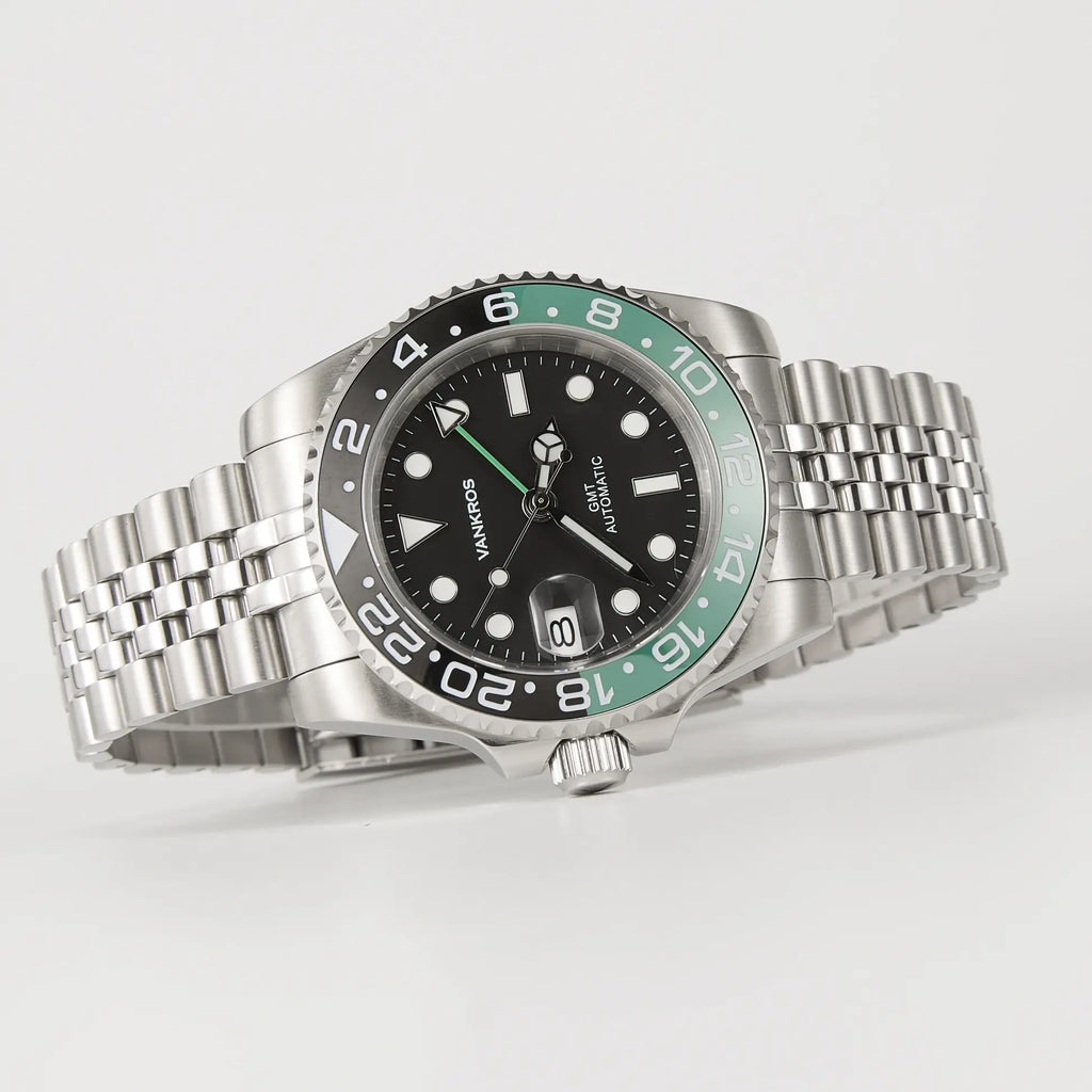 VANKROS GMT V336 | 40mm Black Dial, Green/Black Bezel | NH34 Movement