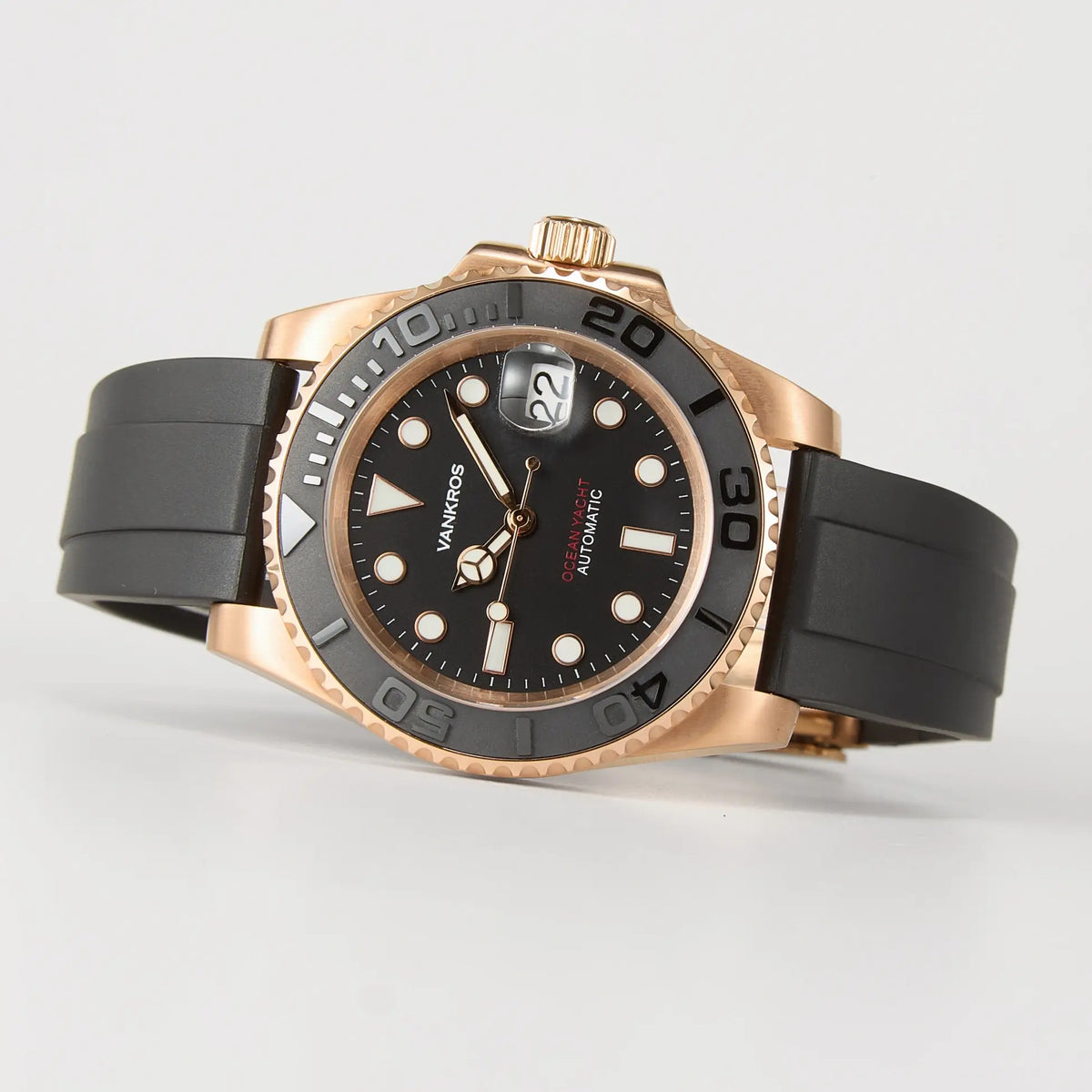 VANKROS Ocean Yacht V382 | 40mm Rose Gold Black Dial, Rubber Strap | NH35 Movement