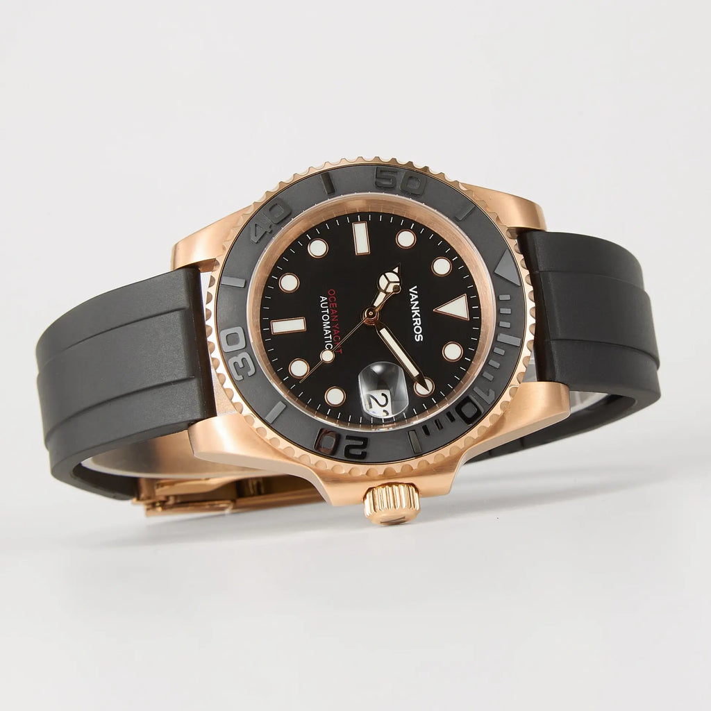 VANKROS Ocean Yacht V382 | 40mm Rose Gold Black Dial, Rubber Strap | NH35 Movement