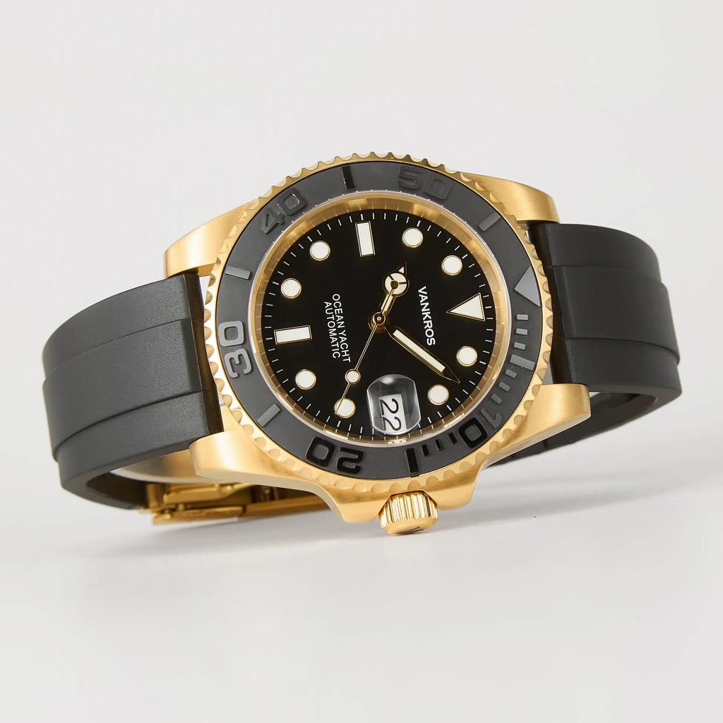 VANKROS Ocean Yacht V382 | 40mm Yellow Gold Black Dial, Rubber Strap | NH35 Movement