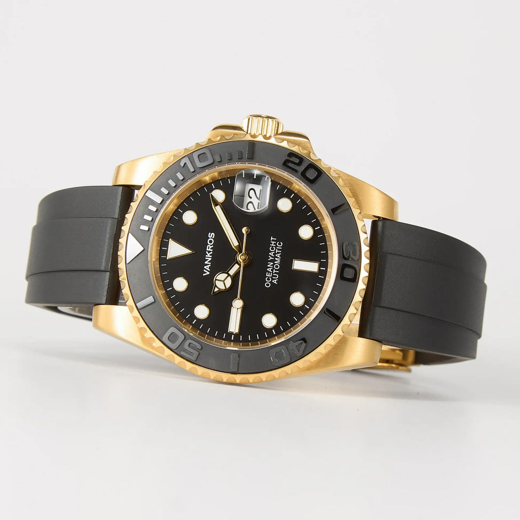 VANKROS Ocean Yacht V382 | 40mm Yellow Gold Black Dial, Rubber Strap | NH35 Movement